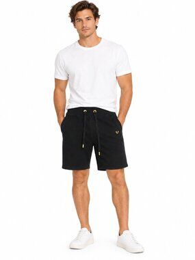 TRUE RELIGION Black Sweat Shorts Stitched Horseshoe Back Pocket Gold Accents L